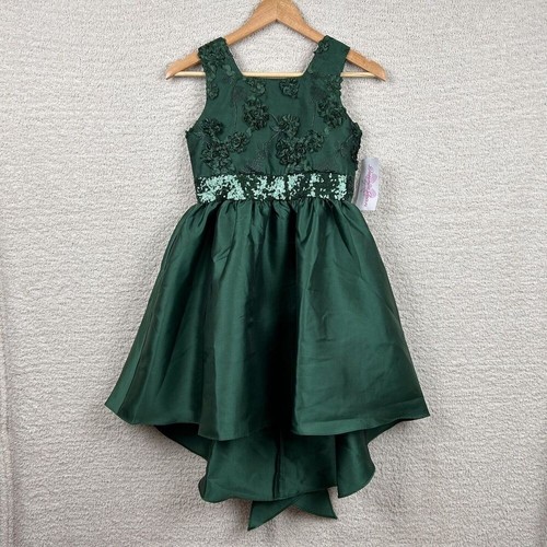 Bonnie Jean Girls Dress 12 Green Floral Sleeveless Holiday Bow Hi-Low Zip Gown