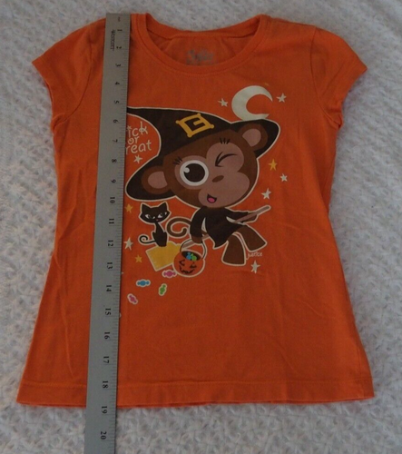 Justice 7 Girls Shirt Halloween Witch Monkey VGUC orange trick or treat s/s - Picture 2 of 3