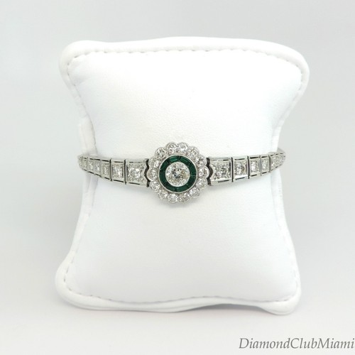 Pulsera antigua de filigrana de platino y diamantes esmeralda de 2,84 quilates Art Deco 16,3 gramos - Imagen 5 de 11