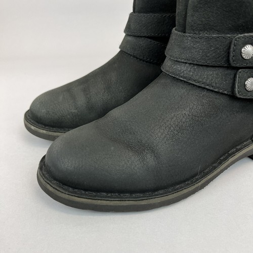 Ugg Aliso Black Leather Ankle Pull On Buckle Biker Sheepskin Bootie Boots UK3.5 - Picture 5 of 15