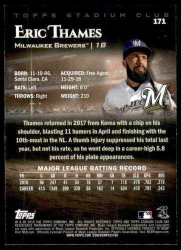Eric Thames Topps Stadium Club #171 2019 - Imagen 4 de 4