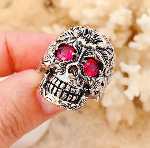 Biker Retro Skull Red Eyes Solid 925 Sterling Silver Men's Woman's Ring - Picture 5 of 8