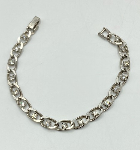 Vintage Silver Tone Clear Rhinestone Chain Tennis Bracelet 7 1/4" Long 1/4" Wide - Picture 2 of 7