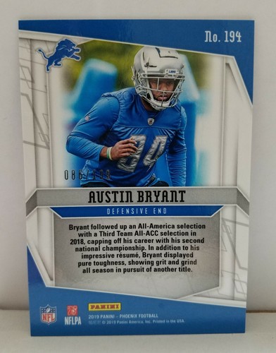 Austin Bryant 2019 PANINI PHOENIX PINK PRIZM PARALLEL ROOKIE 86 /199 RC LIONS - Picture 3 of 3