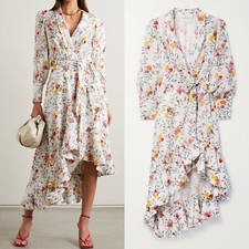 ZIMMERMANN Floral Asymmetric Ruffled Linen Wrap midi Dress AU 0 US XS / S