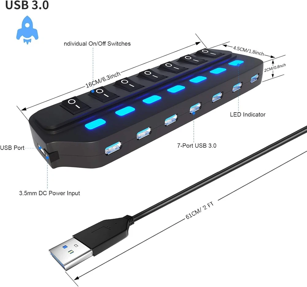 7-Port USB 3.0 Hub with Individual On/Off LED Switches