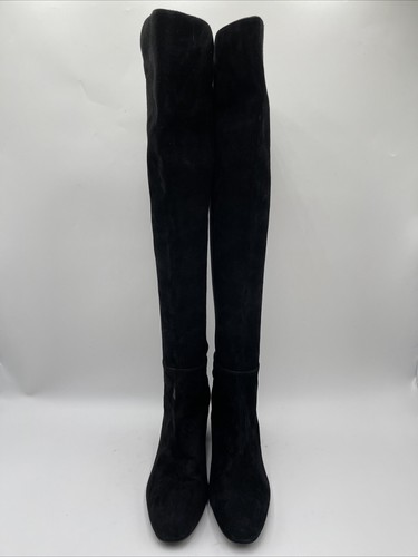 Stuart Weitzman Black Suede/Fabric Pull On Block Heel Knee High Boots Womens 9.5 - Picture 2 of 5