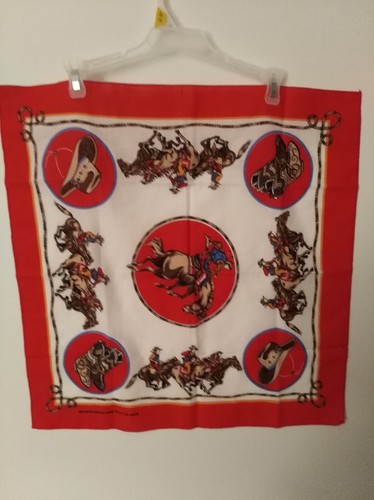 Vintage Western Cowboy Rodeo Print Bandana Square Red Deadstock New Old Stock - Picture 5 of 8
