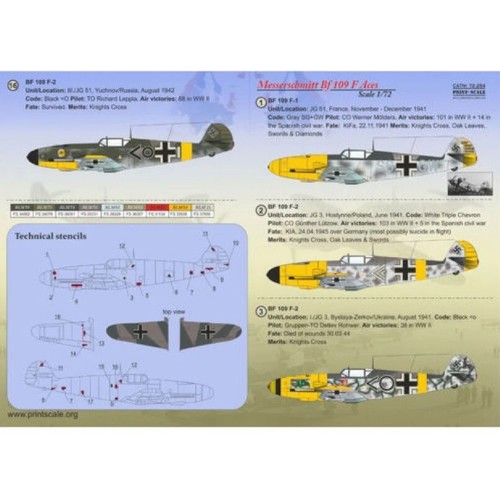 Print Scale 72-254 Waterslide Decal for airplane 1:72 Messerschmitt BF-109F Aces - Picture 2 of 24