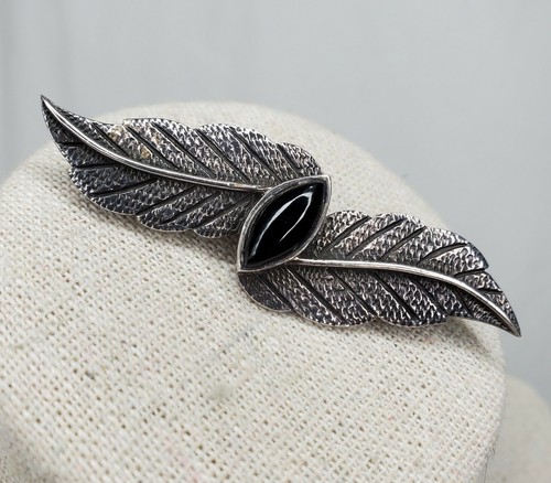 Vintage Sterling Silver Leaf Brooch Black Onyx Stone Textured Pin Marked - Picture 4 of 12