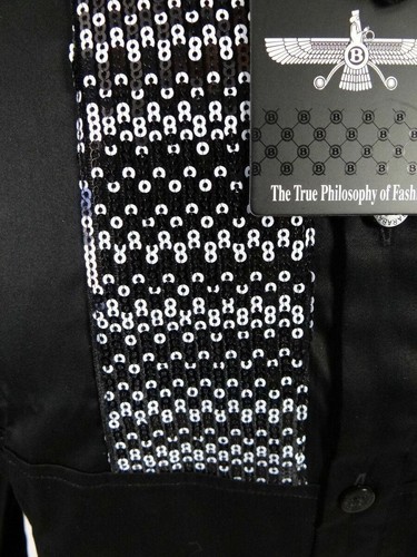 Mens Shirt Black White Sequins Event Wedding Barabas Classic Fit Button Up - Picture 4 of 11