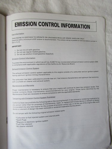 Kubota Emission Control Information Manual for Utility Lawn and Garden Tractors - Picture 4 of 8