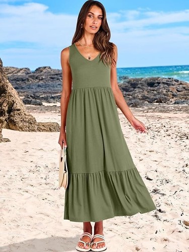 Womens Summer Maxi Dresses Fit & Flare Flowy V Neck Sleeveless Swing Sundress - Picture 5 of 13