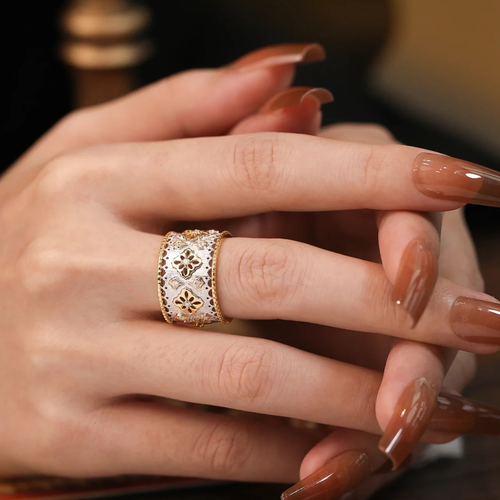 Retro Court Style Hollow Natural Diamond Unisex Open Ring 14K 2-Tone Gold Gift - Picture 9 of 13