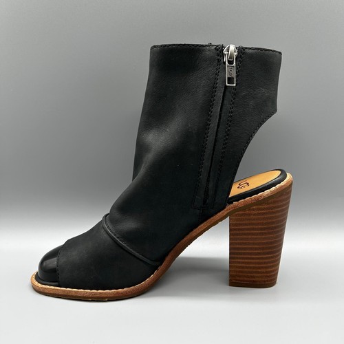 Ugg Valencia Peep Toe Boots Shoes Leather Zip Block Heel 3.5" Womens Uk 6 Black - Picture 3 of 7