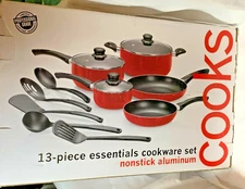JCPenney Home 13 Piece Essential Cookware Set Nonstick Aluminum Pans Red