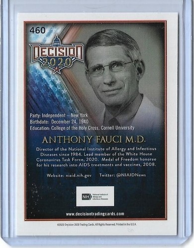 RARE 2020 DECISION ~ DR. ANTHONY FAUCI SHORT PRINT SP "NO MASK" CARD #460 - Bild 2 von 2