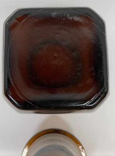 Vintage Dark Amber Brown Glass Apothecary Jar With Starburst Lid And Seal 4” - Imagen 6 de 8