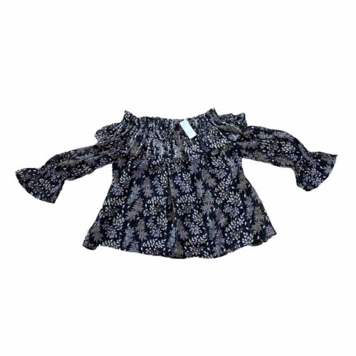 Camicetta top Ann Taylor Loft nera metallizzata floreale con volant spalle scoperte nuova con etichette S - Foto 4 di 9