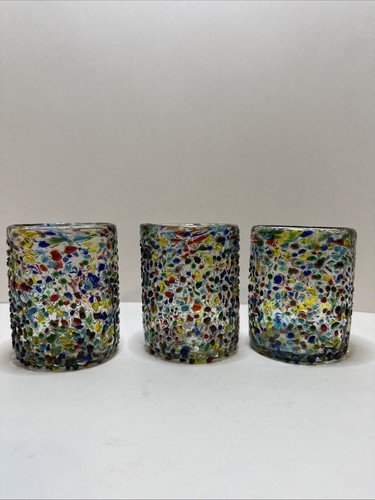 Set Of 3 Hand Blown Mexican Confetti Low Ball Tumblers Rock Whiskey Glasses