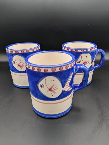 3 Vietri Solimene Italian Pesce Fish Mugs Made & Hand Painted In Italy RARE HTF