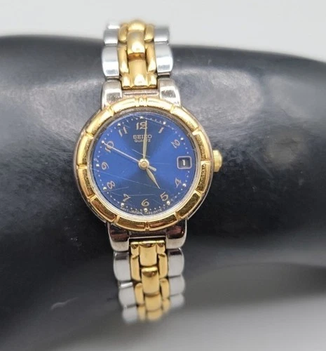 Seiko Ladies Quartz Watch Two Tone Band 24mm Dark Blue Dial Date 7N82-6B79 6.25"