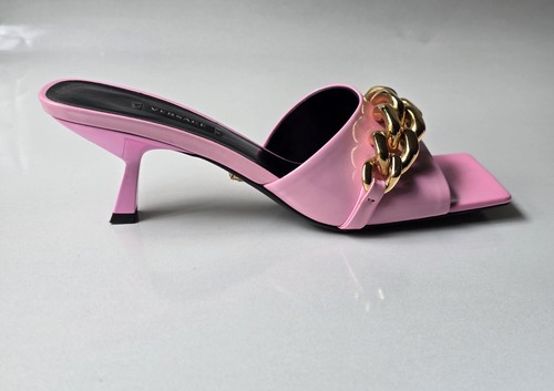 Versace Pink Patent Leather Mules Gold Medusa Chain 38.5 US 8 - 8.5 $985 - Picture 2 of 8