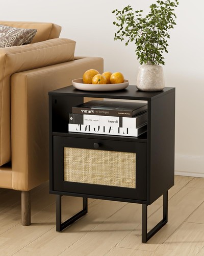 Rattan Nightstand, Boho Night Stand Wood Farmhouse Bedside Table with Storage... - Picture 3 of 9