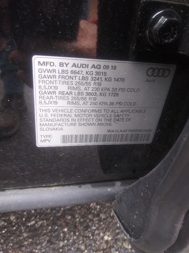 2019 Audi Q7 OEM Wheel 19x8-1/2 Alloy 5 V Spoke Grade A Clean Fits 17-19 - Picture 4 of 12