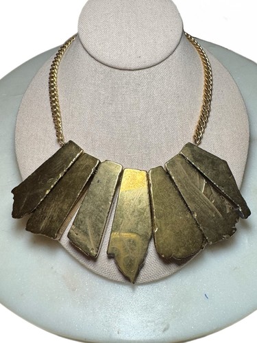 Yochi NY Gold Textured Pyrite Bib Statement Necklace Chunky Collar Bold - Picture 2 of 4