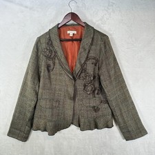 Coldwater Creek Jacket Women 12 Brown Gray Herringbone Ruffle Blazer Embroidered
