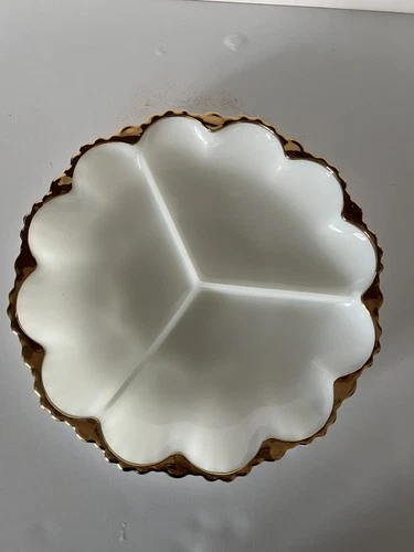 VTG Anchor Hocking Milk Glass Relish Dish Gold Trim Scalloped Serving Bowl