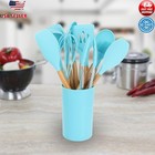 12 Piece Silicone Wood Cooking Utensil Set Safe Scratch Free Kitchen Tools New