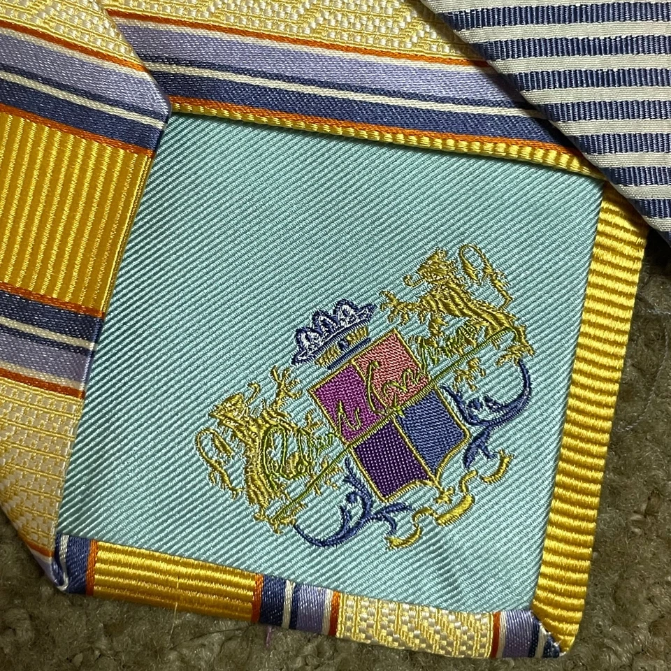 Corbata de Seda Robert Graham Amarillo Azul Repp Rayas 3.5x61 Preppy Dinero Antiguo Clásico Foto 4 de 4