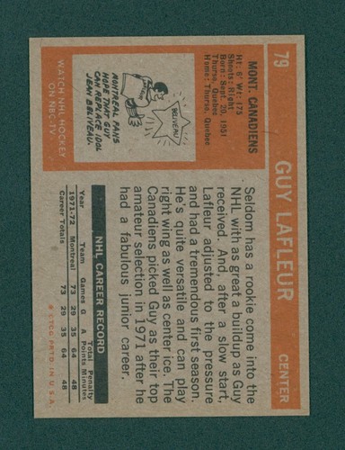 1972 Topps Hockey Card - #79 Guy LaFleur, NM/MT+ - Picture 2 of 2
