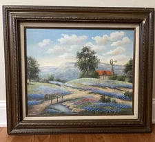 Signed Painting Bluebonnets Texas Landscape Windmill Vintage Ornate Wide Frame