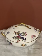 Vtg Round Gold Gilt Floral Covered Tureen Casserole Serving Dish FRANCE Limoges