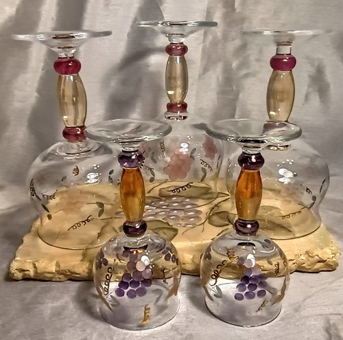 5 GMG Georgio Tint Color, Cut Grapes Leaves Wine & Cordial Glasses Mixed Set - Picture 11 of 13