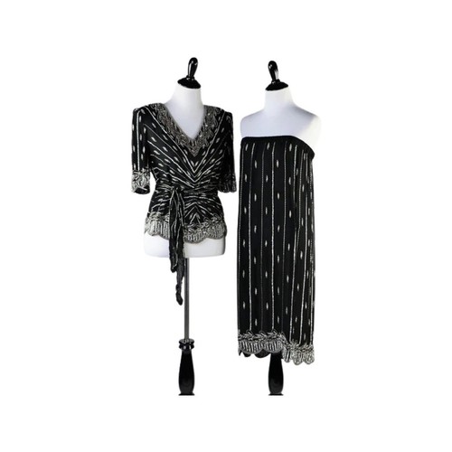 Top y falda vintage años 80 lentejuelas negras y plateadas con cuentas Judith Ann mediana - Imagen 4 de 10