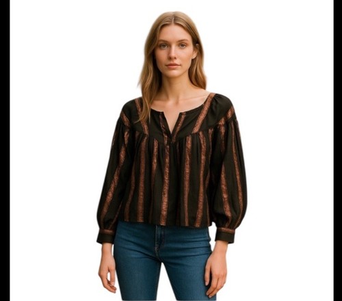 Antik Batik schwarze Baumwollbluse mit bronzefarbenen Metallic-Details L/42
