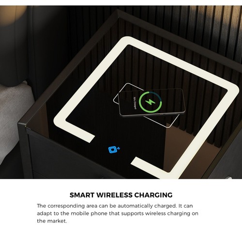 Oikiture Set of 2 Smart Bedside Tables Wireless Charging LED Lights 3 Drawers Bl - Picture 3 of 10