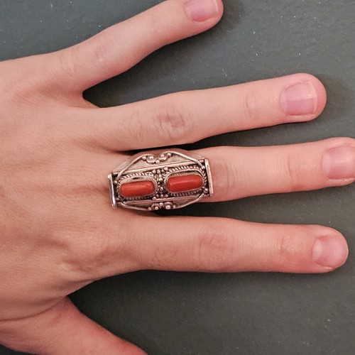 Vintage Sterling Silber 925 Koralle Ring schwer Gr. 6,75 14,4 g Tribal Boho Statement - Bild 6 von 13