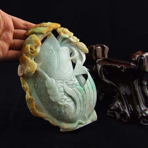 Fine Natural Type A Rare 3 Color Jadeite Jade Carp Statue - Picture 6 of 9