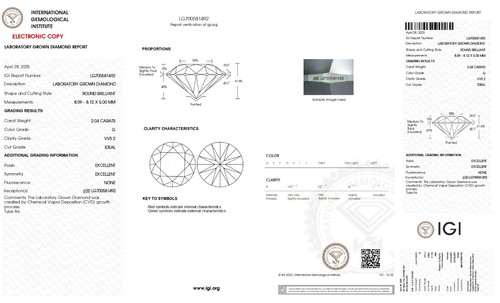 2.04 CT. Round Shape CVD Lab Grown Diamond G Color VVS2 Clarity IGI Certified - Picture 2 of 8