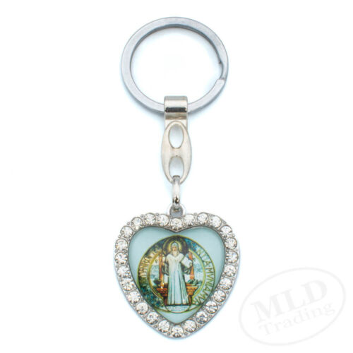 St Benedict Picture Keychain - Heart-Shaped Pendant with Inlaid Rhinestones - Picture 1 of 4