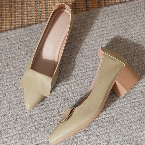 Zapatos de vestir de cuero real sin cordones de tacón grueso bajo punta puntiaguda para damas - Imagen 11 de 23