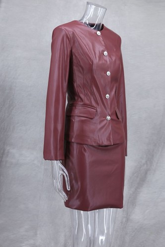Damen Modisch Slim Fit Temperament Kunstleder Mantel Halb Rock Set - Bild 4 von 12