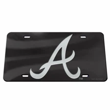 ATLANTA BRAVES BLACK AND SILVER CRYSTAL MIRRORED CAR LICENSE PLATE MLB LICENSED