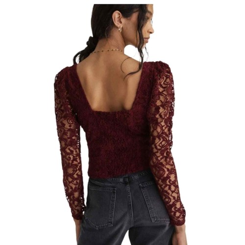 Blusa Top Anthropologie Borgoña Encaje Terciopelo Manga Larga - Imagen 3 de 7