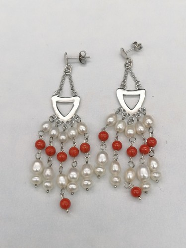 orecchini pendenti chandelier donna argento bianco perle vere vero corallo rosso - Foto 4 di 7